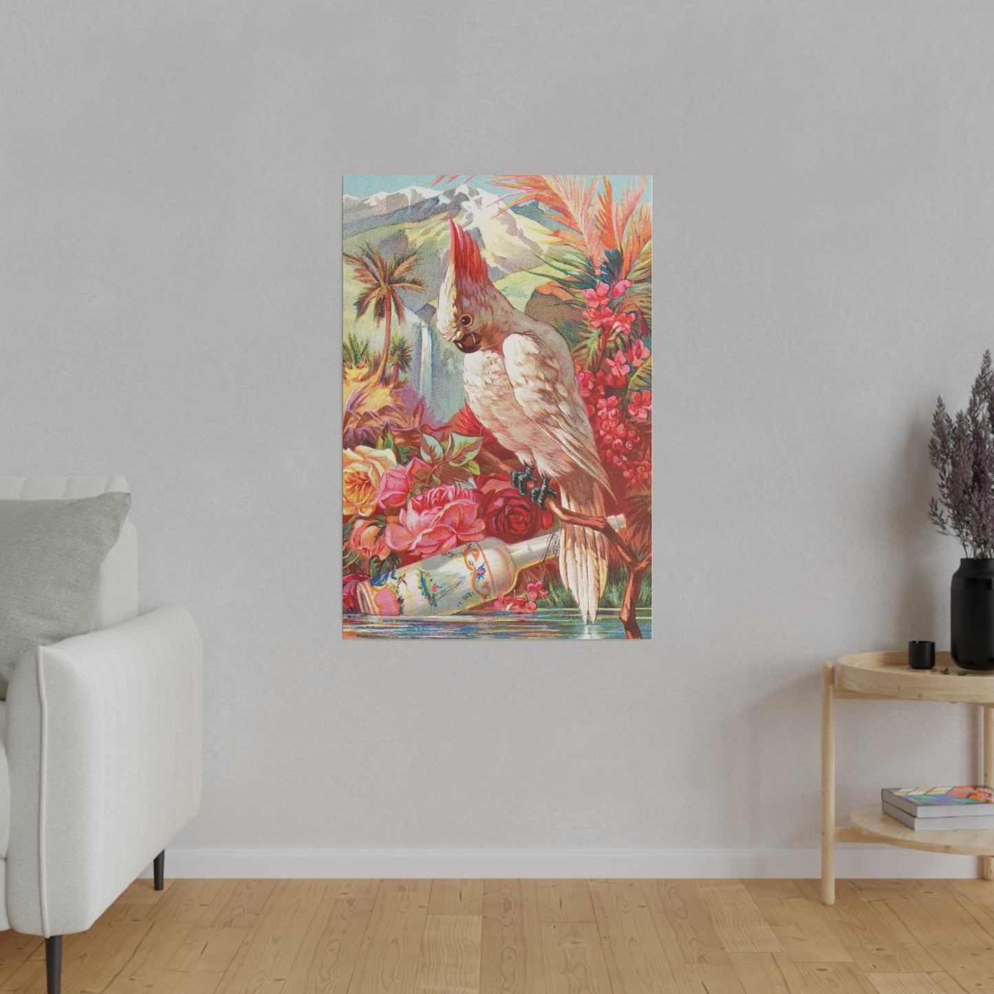 Cockatoo bird with a lot of flowers Art  Matte Canvas