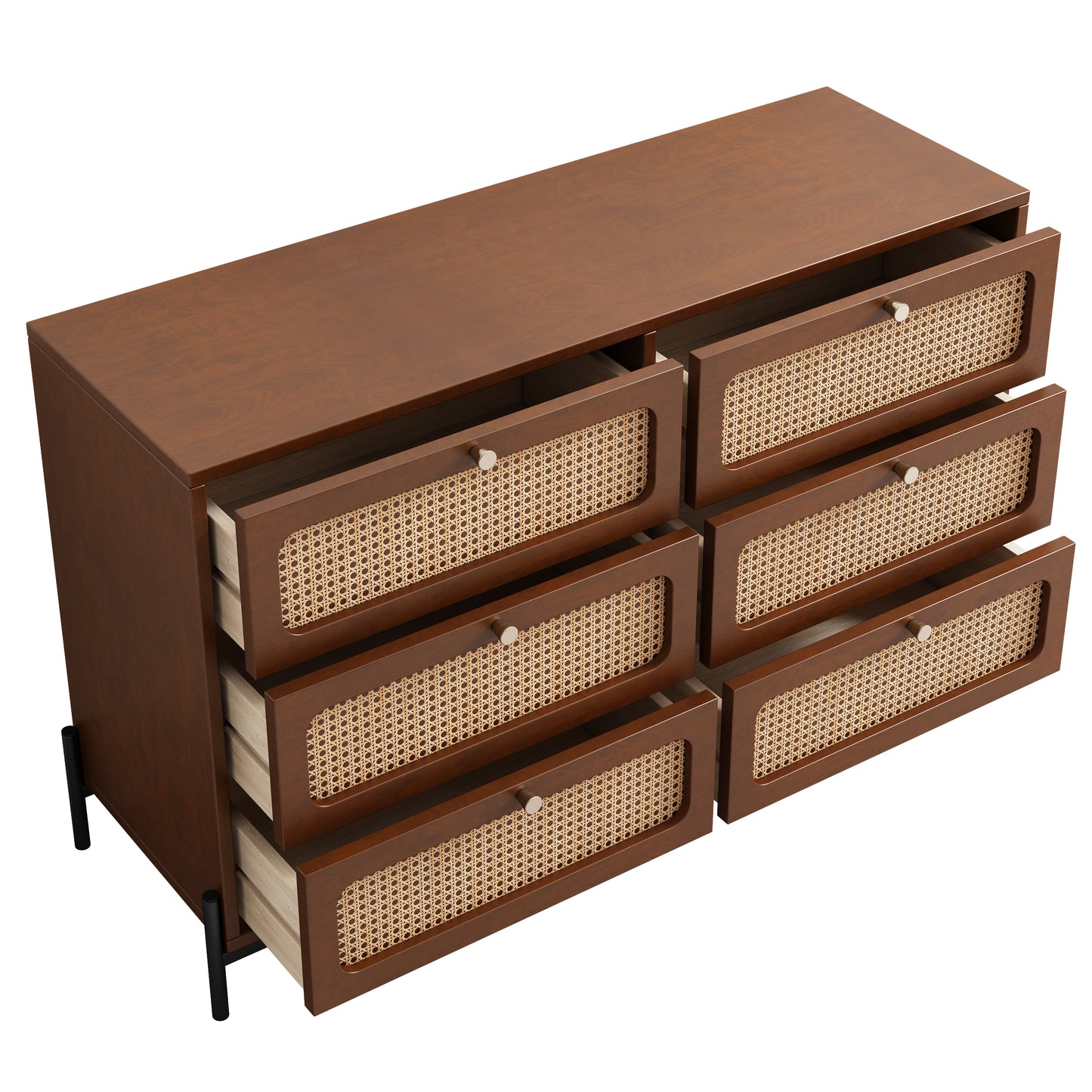 Modern Cannage Rattan Wood Closet 6-Drawer Cabinet