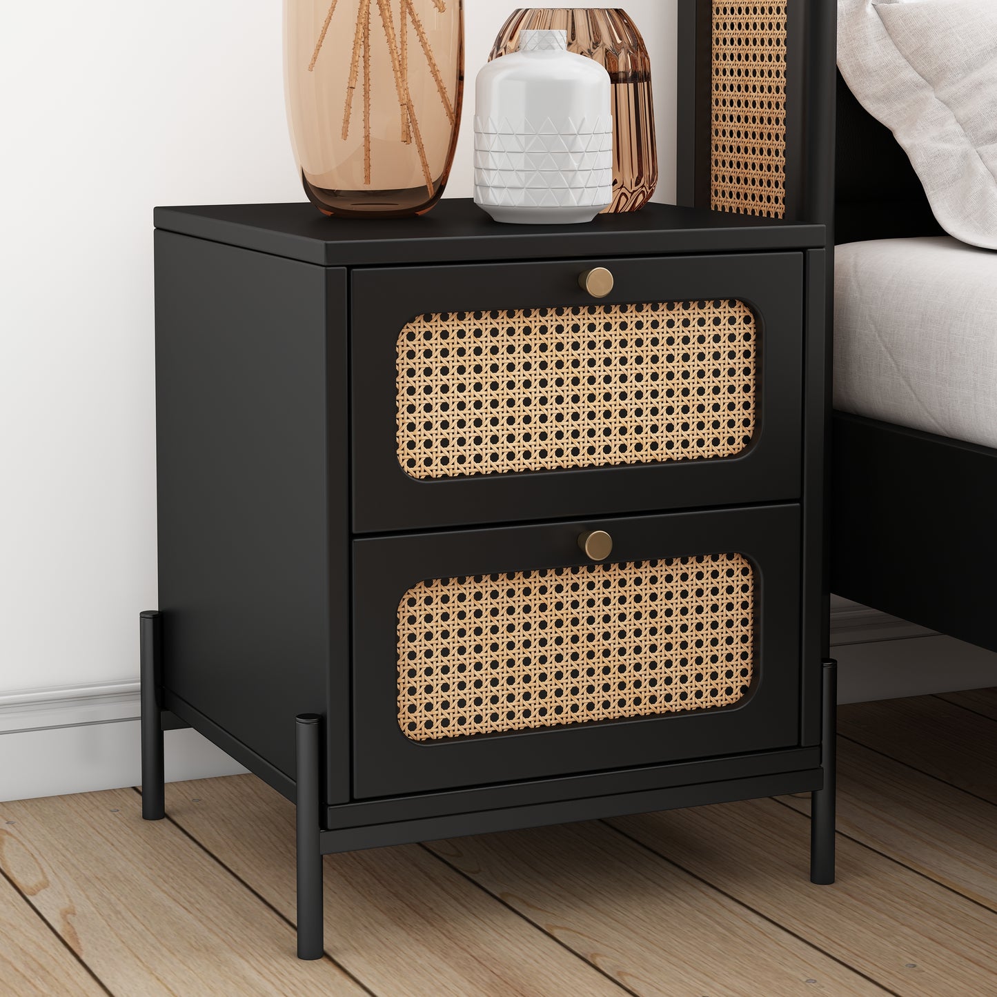 Black Modern Cannage Rattan Wood Closet 2-Drawer Cabinet
