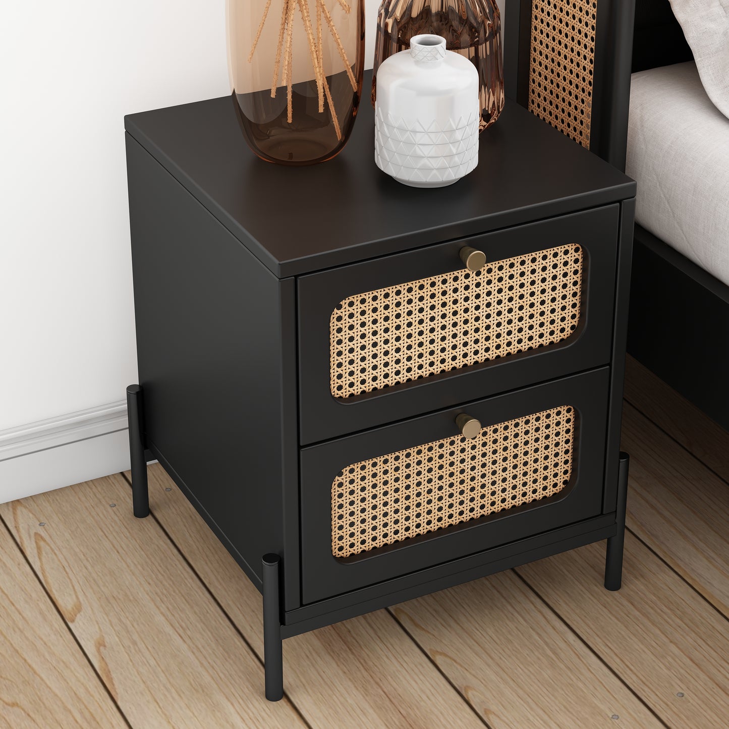 Black Modern Cannage Rattan Wood Closet 2-Drawer Cabinet